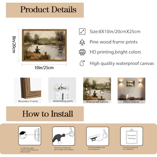 Image of Vintage Wall Art, Boy Fishing Wall Decor Paintings, Dog and Boy Landscape Canvas Prints Vintage Country Farmhouse Artwork for Bedroom Living Room 10x8 inch Wood Framed