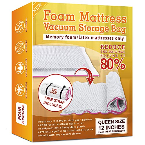 VACSAVE Mattress Vacuum Storage Bag for Foam Latex Mattress, Vacuum Seal Mattress Bag for Moving, Storage, and Shipping with 2 Straps, Queen, 12 in