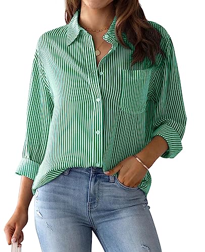 MINTLIMIT Women's Striped Button Down Shirts Long Sleeve Casual Blouse Tops with Pockets for Women 2024 Green
