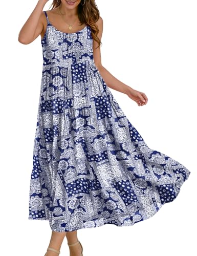 Image of YESNO Summer Bohemian Floral Dresses for Women Spaghetti Straps Maxi Dress Casual Flowy Dresses with Pockets ES0