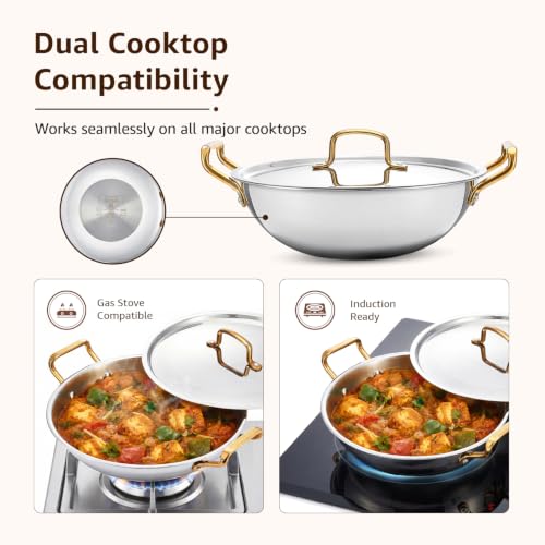 Image of Amazon Brand - Solimo Premium Triply Stainless Steel Kadhai 28cm (4.3L) | SS Lid | Even Heating | Gas & Induction Compatible | Dishwasher Safe | Food Safe SS 304 | Elegant Golden Handles | BIS Certified