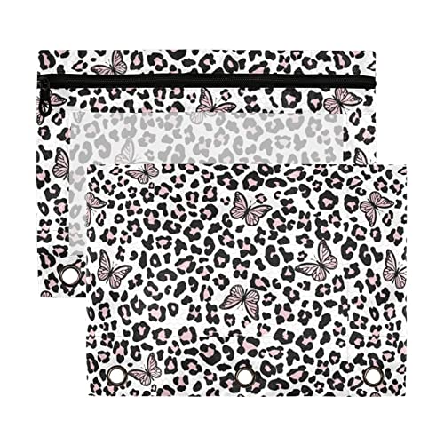 Estuche para lápices de 3 anillos con estampado de mariposa rosa sobre leopardo, paquete de 2 estuches de plástico transparente impermeable con cremallera, bolsa de cosméticos y organizador de