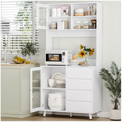 FOREHILL Buffet de Cuisine Meuble Cuisine Rangement avec Portes Vitrées 4 Tiroirs Vaisselier avec Plan de Travail pour Salle à Manger Salon 80x40x180cm