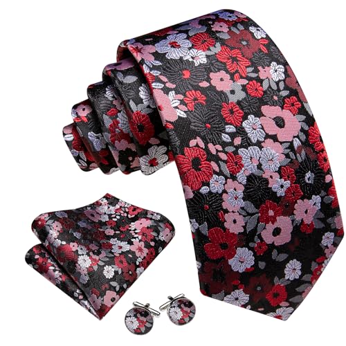 Image of Barry.Wang Flower Ties for Men Handkerchief Cufflinks Set Wedding Necktie Set Party