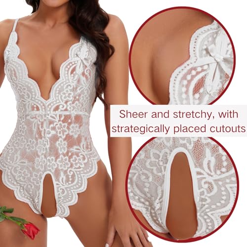 Minsera Lingerie feminina de renda com decote profundo em V sexy, Branco, XGG