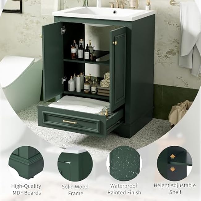 24 Modern Green Bathroom Vanity with 2 Doors & 2 Drawers, Freestanding, Soft Close Doors, Ceramic Sink