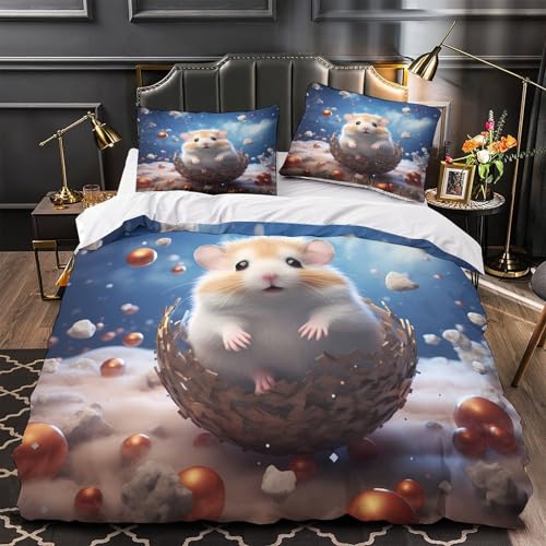 Housse de Couette Hamster 3D Super King 260x220cm avec 2 Taies d'Oreiller en Microfibre
