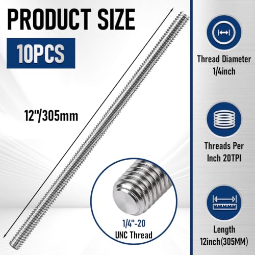 Image of 10 Pcs 304 Stainless Steel 1 /4 inch -20 Fully Threaded Rod, 12 inch Length Long Threaded Rods for Furniture Anchor Bolts, Clamps, Hangers and U-Bolts