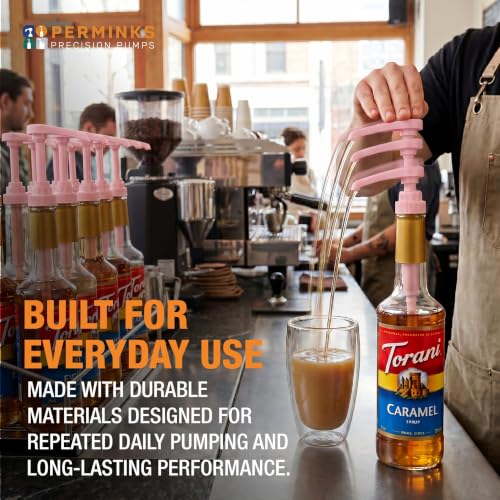 Image of Syrup Pump, Compatible with 750ml Torani, Davinci & Skinny, 2-Pack, Pink | Leak-free, 1 /4oz precision pump with locking nozzle. Great for coffee bar accessories, dirty soda stations & dessert sauces