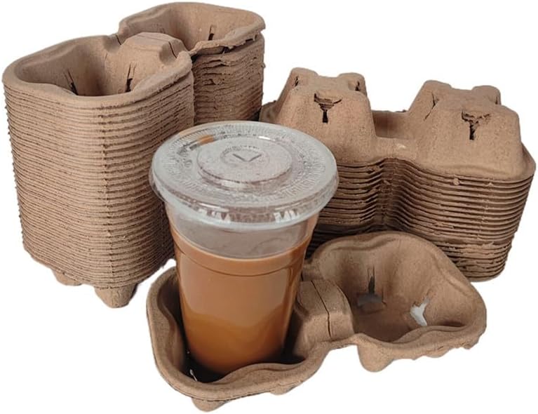 Disposable 2 Cup Drink Carrier Trays, Biodegradable Pulp Fiber Coffee Carry Tray, Compostable No Spill Drink Cup Holder for Hot Cold Beverages, Car, Food Delivery, Restaurants and Cafes Shop (50 Pack)