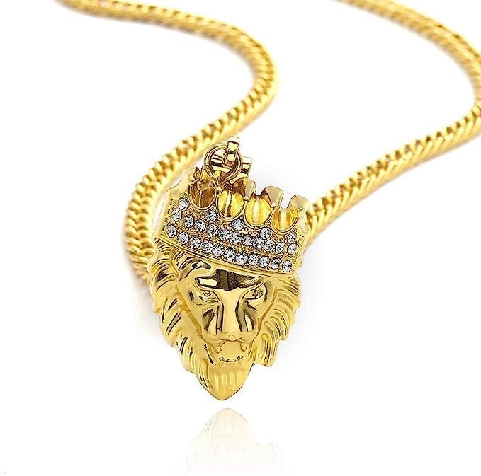 Lion's head men's necklace, hip-hop jewelry gold crown lion's head pendant, Cuban chain gold necklace - Image 3