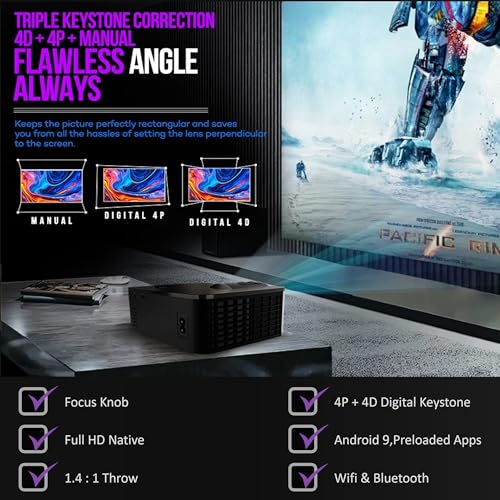 Image of E Gate i9 Pro-Max Android, 1080p Native Full HD Home Projector, 4k Support, 6900 Lumen LED, 534cm Screen | Inbuilt Speaker | 4P+4D Digital Keystone, with Netflix, Prime etc | WiFi & BT | E05i33,Black