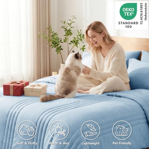 Image of CozyLux King Size Comforter Set Baby Blue - 7 Pieces Bed in a Bag, Modern Vertical Quilted Room Decor, Soft All-Season Bedding Gift with Comforter, Sheets, Pillowcases & Shams