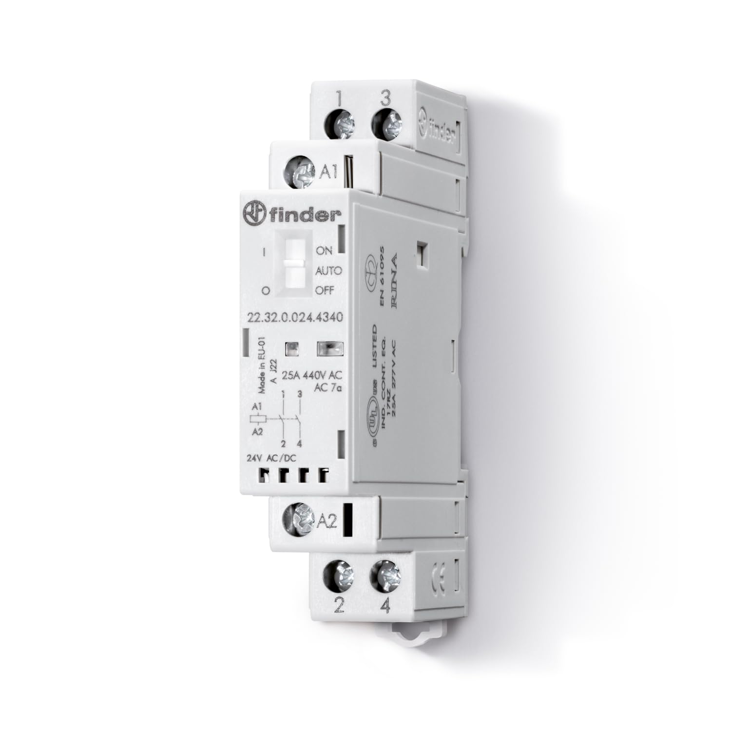 Finder Contattore Modulare 25 A Tipo 22.32. Selettore Auto ON/OFF, indicatore meccanico e LED, apertura contatti NO >= 3 mm, doppia rottura. Bobina AC/DC