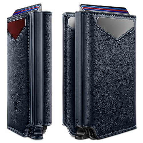Image of VOGARD RFID Blocking Pop-Up Wallet for Men | Slim Leather Bifold Wallet with Metal Card Holder, Magnetic Flip, ID Window & Cash Pocket | Holds 10 Cards Blue