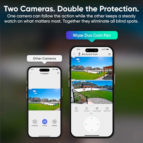 Image of WYZE Duo Cam Pan 2 Pack, Indoor /Outdoor IP65 2K 360 Pan /Tilt Smart Home Security Camera with Color Night Vision, Compatible with Alexa & Google Assistant, White