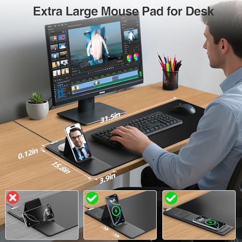 Image of Wireless Charging Mouse Pad with Foldable Phone Holder, 31.5 inchx15.8 inch, Black