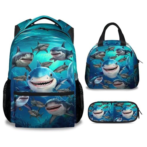 Sharecolor Shark Backpack with Lunch Box Set of 3 School Backpacks Matching Combo Cute Blue Bookbag and Pencil Case Bundle