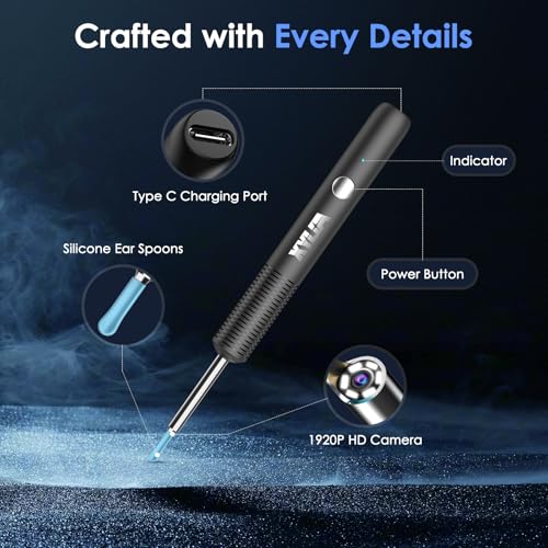 Xylla Ohrenschmalz Entferner Otoskop 1920P HD-Ear Wax Removal IP67 Wasserdicht WIFI Otoskop 360°Weitwinkel ohrreiniger mit 6 LEDs Tragbares Vergnügen der Ohrreinigungr (Schwarz)