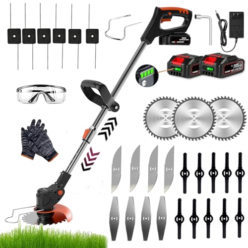 Garden Cordless Strimmer, 24v Metal Blade Electric Grass Trimmer, Height Adjustable Grass Trimmer, Lightweight Push Wheels Lawn Mower,For Garden Clearing Weeds Trees,5 Types Blades (style-1)