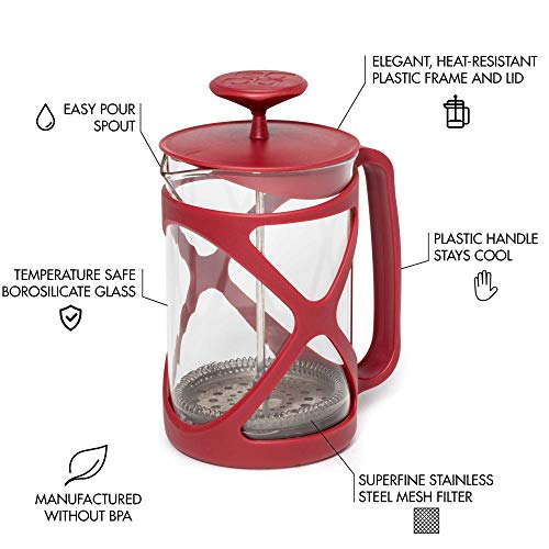Primula Tempo Coffee Press – For Rich, Non-Bitter Coffee – French Press Design – Easy to Use – Makes 6 Cups – Red - Image 2