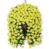 HyeFlora Artificial Fake Hanging Outdoor Flowers Plants Basket, Faux Silk Yellow Daisy Flowers UV Resistant Realistic Hanging Planter Orchid Vines for Outside Porch Patio Home Garden Yard Decoration