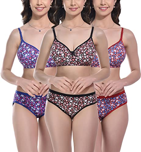 Image of FIMS - Fashion is my style Women Cotton Blend Floral Print Padded Non-Wired Bra Panty Set Full Coverage Lingerie Set Multicolor See Main Image to Check How Many Sets You Will Get