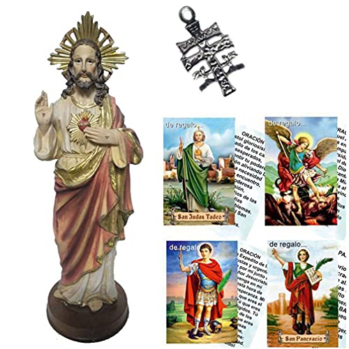 Figura Sagrado Corazón de Jesús 30 cms. Pintada a Mano. De Regalo Cruz de Caravaca y Estampa....