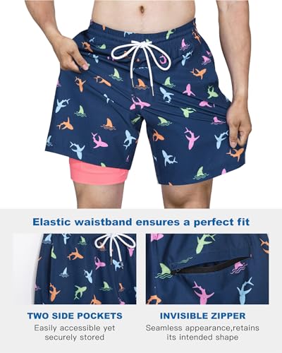 Image of SURF CUZ Mens Swim Trunks with Compression Liner Swim Shorts 7 inch Swimming Trunks Stretch 7 Inch Swim Suits Quick Dry