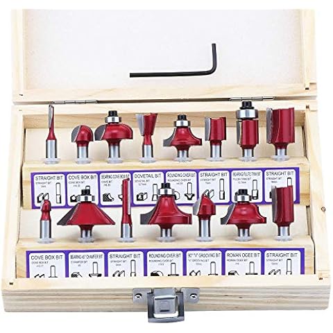 Fippy 15PCS Router Bit Set, 1/4 Inch Shank Tungsten Carbide Tipped Milling Cutter Tool, Woodworking Tools Kit with Wooden Case Cover