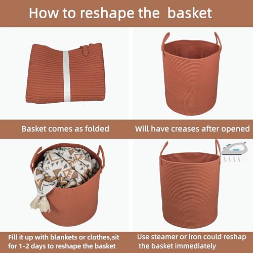 Image of XUANGUO Cotton Rope Laundry Basket Hamper for Clothes Large Rust Red | Baby Nursery Hamper Bin and Woven Storage Basket for Living Room Bedroom Boho Tall Rope Baskets Blankets Toys Pillows Towels
