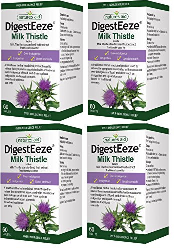 Natures Aid DigestEeze Milk Thistle, 60 Tablets (Relief of Over-Indulgence, Indigestion and Upset Stomach, Equivalent to 2750-6600 mg Milk Thistle, Made in the UK, Vegan Society Approved) (Pack of 4)