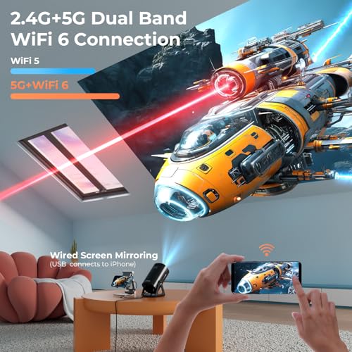 Portable Mini Projector with WiFi, Bluetooth, 4K Support, Adjustable Stand, and Ambient Night Light - Ideal for Home Theater and Outdoor Use