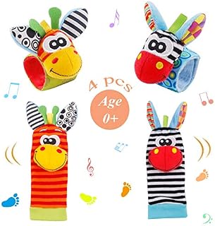 Sirecal Baby Wrist Rattles Toys 4 pcs Newborn Wrist Rattle and Footfinder Set, Soft Animal Rattle Toys for 0-12 Month Babies Boys Girls (Orange)
