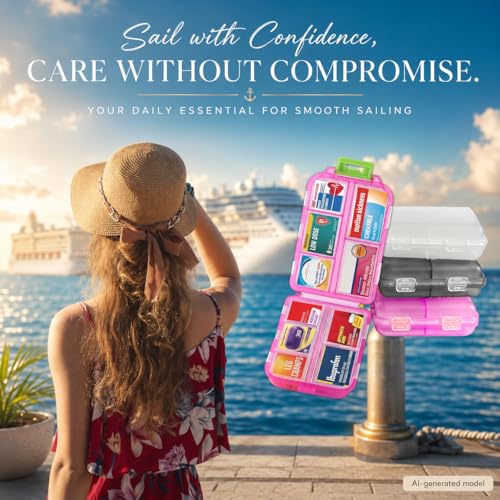 Image of 3 Pack Pill Organizers with Medicine Labels, Pink White Grey | 3 compact pill cases with 3x161 medicine labels for 7-day planning, vitamins, travel, family use, and separate routines