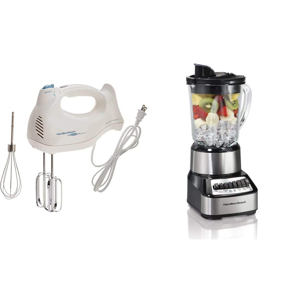 Hamilton Beach Power Deluxe 6-Speed Electric Hand Mixer White Beach Wave Crusher Blender with 40oz Glass Jar and