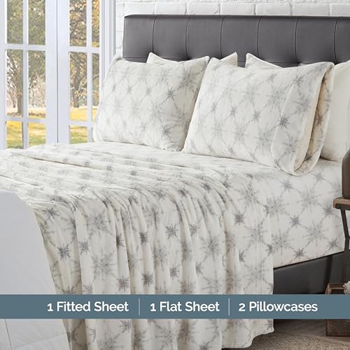 Elegant Comfort Luxuriously Soft 4-Piece Holiday Velvet Plush Flannel Sheet Set - Premium Quality - Cozy Warm, Christmas Fuzzy Velvet Flannel Fleece Deep Pocket Sheet Set - King, Beige Snowflake