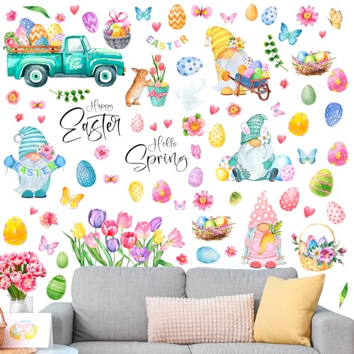 Eersida 6 Sheets 74 Pieces Easter Wall Clings Flower Gnome Wall Decals for Room Decor Easter Eggs Bunny Flower Stickers Rabbit Window Door Art Decoration Stickers Party Favors Decorative Ornaments