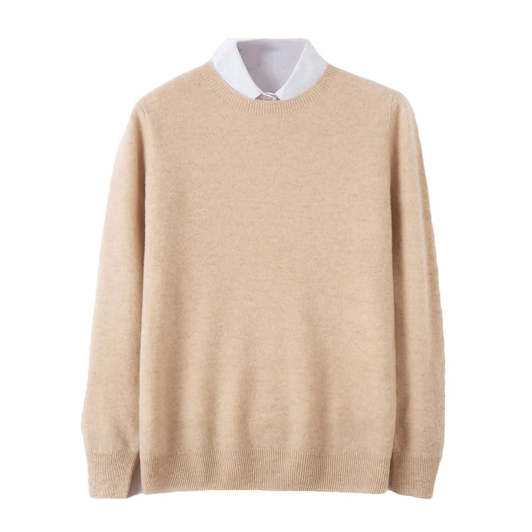 Męski sweter z okrągłym dekoltem wełniany sweter z dzianiny sweter jednolity kolor biznesowy ciepły sweter, BEŻOWY, 3XL