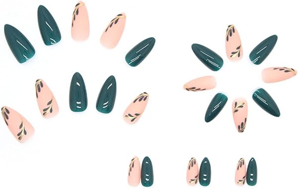 JUSTOTRY 24 Stück Mandel Nägel Zum Aufkleben Kurz,Dunkelgrün Press on Nails mit Blatt Motiv,Glossy Oval Künstliche Nägel Mittel,French Fingernägel Fake Nails für Frauen - 4