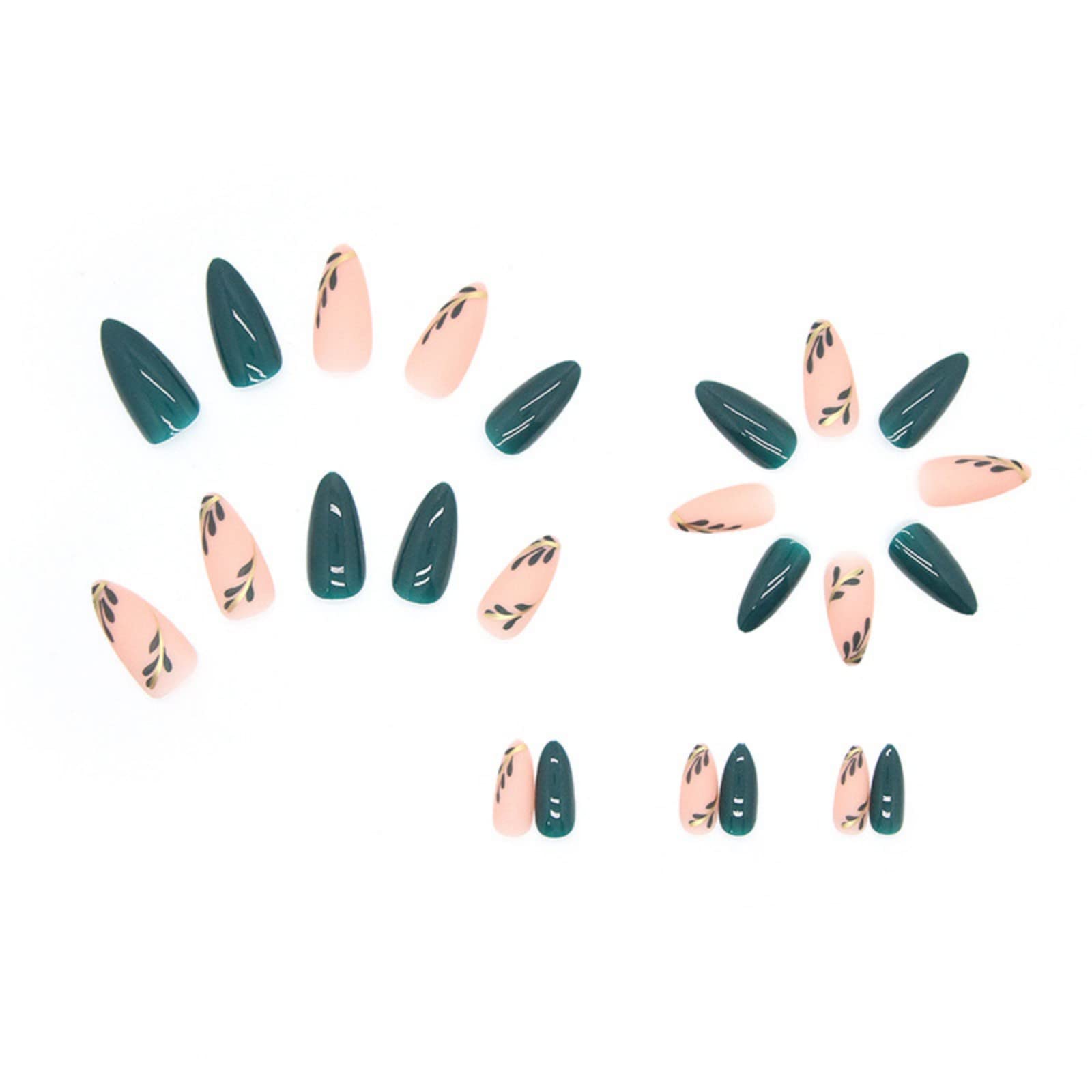 JUSTOTRY 24 Pcs Almond Press on Nails with Leaves Designs,Dark Green French False Nails Short,Pretty Stick on Nail for Women,Medium Oval Fake Nail for Nails Art - Image 4
