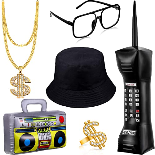 TERRIFI 6 Pcs 80s/90s Hip Hop Costume Kit Inflatable Radio Boombox Phone Necklace Ring Sunglasses Hat Rapper Accessories
