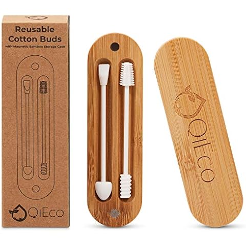 QiEco Reusable Cotton Buds for Ears in Magnetic Bamboo Travel Storage Case/makeup swabs Qtips Gift Cover