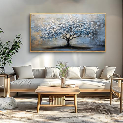 ERQINHUA Abstract Wall Art Living Room Large Wall Decor Wood Framed Art For Office Wall Pictures Blue Grey Tree Painting Canvas Printing Artwork Bedroom Restaurant Home Decoration Aesthetic 30"X60"