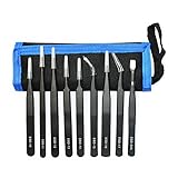 Precision Tweezers Set, Rayley 9PCS ESD Tweezers Set, Non-Magnetic Anti-Static Tweezers Kit, Craft Tweezers Curved Tweezers Pointy Tweezers for Electronics, Jewelry, Lab, Tiny Beads, Screws Work 9PCS