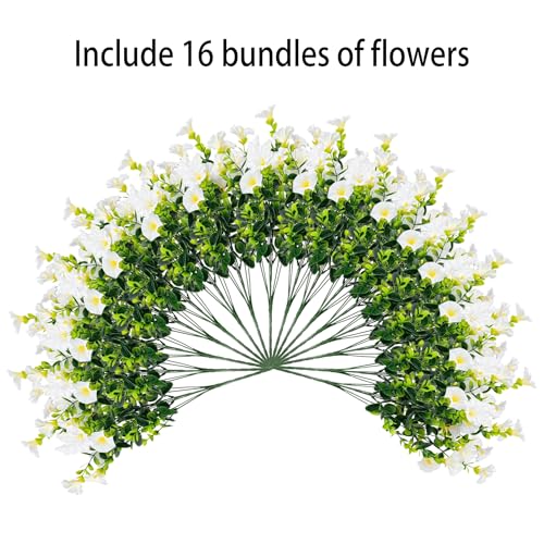 Artificial Flowers for Outdoors16 Bundles of UV-Resistant Silk Morning Glory with Eucalyptus-Realistic Faux Plants as Perfect Filler for Home Planter Porch & Garden Decor (White) image 2