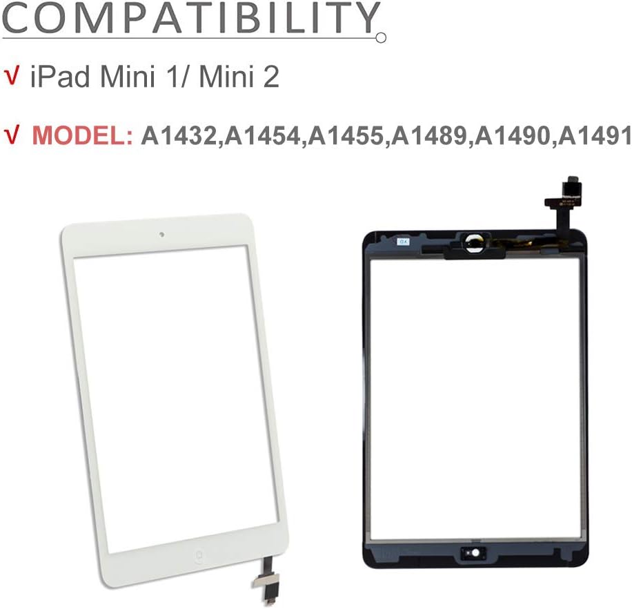 for iPad Mini 1/iPad Mini 2 Screen Replacement,A1432 A1454 A1455 A1489 A1490, Touchscreen Digitizer (White), with Home Button, Full Repair Kit