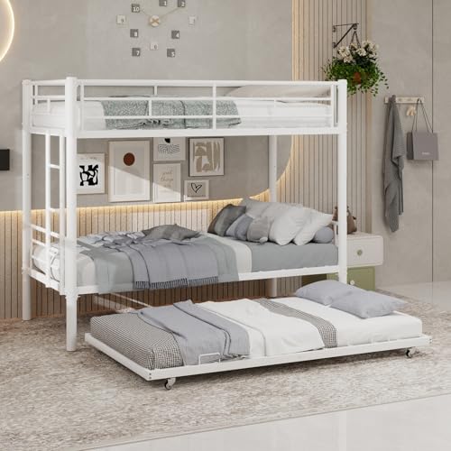 YEHTOKHOME Litera de 3 plazas 90 x 190 de metal con cama Gigogne, Convertible en 3 camas individuales, escalera antideslizante, barreras de seguridad, para adolescentes (sin colchón)(blanco, C)