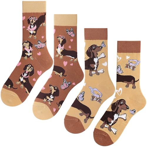 INTVIP 2 Pairs Womens Cotton Blend Crew Socks Cute Colorful Cartoon Pattern (US Alpha One Size Regular Regular Dachshund)
