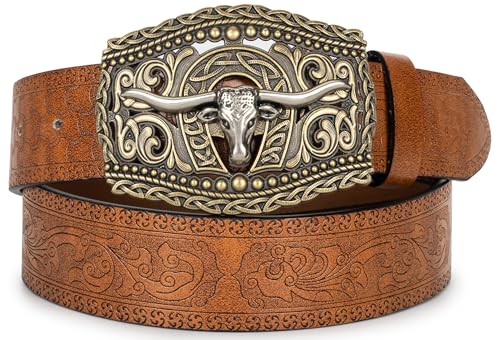 Image of UTOWO Western PU-Leather Cowboy Buckle Belt for Men and Women Jeans Engraved Floral Longhorn Bull Buckle Belt (25-38 inch waist)